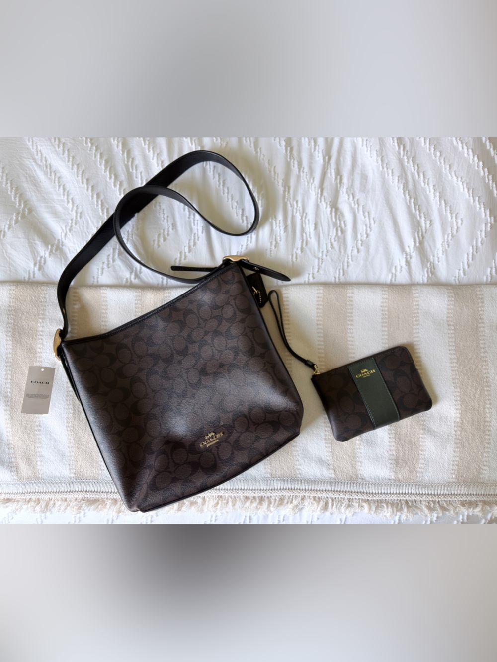 Coach Brown Signature Bag with Matching Wristlet Zip Top Brown Monogram Classic